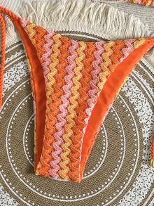 Swim Vcay Women's 2-Piece Summer Beach Swimwear, Textured Hollow-Out Knit Fabric, Rope Halter Top & Rope Tie Side Bottoms Bikini Set - Burnt Orange - View 4