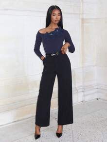 Mima John 女士优雅 3D 花卉刺绣和串珠修身不对称肩斜针织 T 恤上衣，亲肤节日、外出、度假 - 藏蓝色 - 查看 4