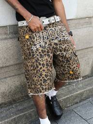 Manfinity EMRG Men's Leopard Print Pocket Distressed Casual Everyday Denim Shorts Men Leopard Print Shorts