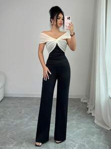 Elenzga Conjunto de 2 piezas con top de hombros descubiertos con parches de malla y pantalones rectos para mujer - Negro - Ver 3