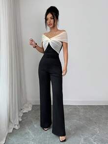 Elenzga Conjunto de 2 piezas con top de hombros descubiertos con parches de malla y pantalones rectos para mujer - Negro - Ver 5