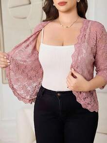 Reflora 大码女式蕾丝拼接休闲百搭日常开衫 - 粉色 - 查看 5