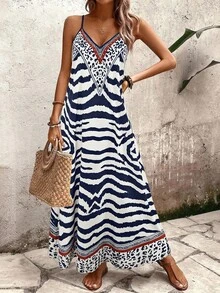 SHEIN PETITE 女士斑马纹V领无袖A字连衣裙，优雅休闲度假通勤时尚约会街头复古百搭派对连衣裙，春夏秋季 - 藍白色 - 查看 3