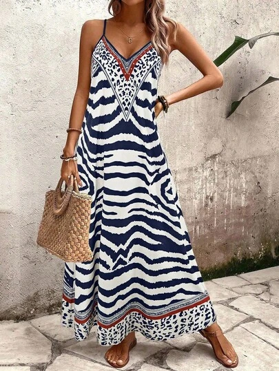 SHEIN PETITE 女士斑马纹V领无袖A字连衣裙，优雅休闲度假通勤时尚约会街头复古百搭派对连衣裙，春夏秋季