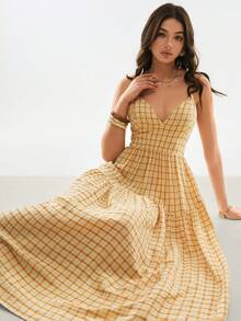 Poéselle Women's Boho Multicolor Plaid Flared Cami Dress,Spaghetti Strap Zipper Woven Picnic Sun Dresses For Woman,Beige,Summer,Holiday,Vacation,Holiday - Multicolor - View 2