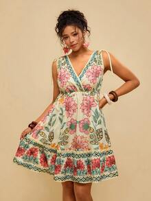 Travachic Plus Summer Beach Drawstring Shoulder Print Ruffle Hem Dress Womens Summer Dresses Womens Sundresses Womens Spring Dress Floral Print Mini Dress V-Neck Mini Dress - Multicolor - View 1