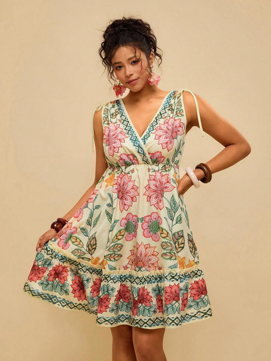 Travachic Plus Summer Beach Drawstring Shoulder Print Ruffle Hem Dress Womens Summer Dresses Womens Sundresses Womens Spring Dress Floral Print Mini Dress V-Neck Mini Dress - Multicolor - View 1