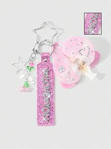 ROMWE Kawaii 1款全新春季ins风甜美可爱百搭轻奢高性价比度假风玫瑰红亮片皮革水钻闪亮字母蝴蝶结“我爱你”银色镂空星星树脂郁金香仿珍珠蝴蝶结精致碎樱桃粉仿真蝴蝶结兰花“DIY钻石饰品”赠送1个爱心水钻贴纸DIY钥匙扣包包挂件，适合女孩女士日常佩戴，节日礼物 - 彩色 - 查看 1