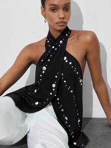 Maija 女士优雅仿珍珠串珠吊带背心，夏季必备 - 黑色 - 查看 3