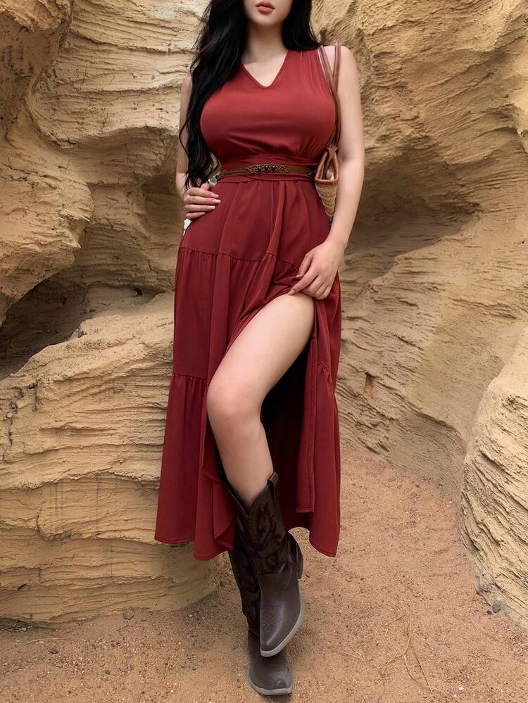 Women's Elegant Solid Color Tie V-Neck Sleeveless Mid-Length Dress, Summer,Wedding Guest Dress Women Sundress Cocktail Dress