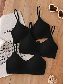 SHEIN 3pcs Tween Girls' Simple Basic V-Neck Padded & Breathable Lingerie Set Black Tween Girl - Black - View 7