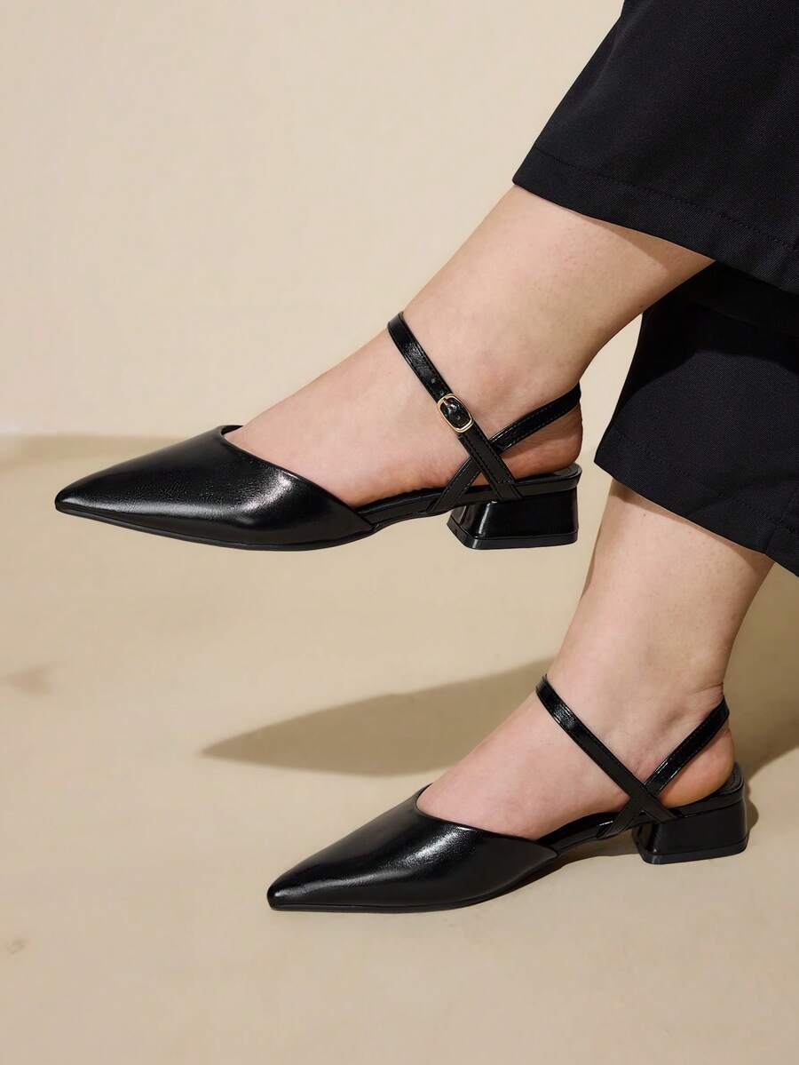 CUCCOO CURVES Women's Pointed Toe Buckle Design Everyday Versatile Fashion Wide Fit High Heels - Quiet Night Black - View 1