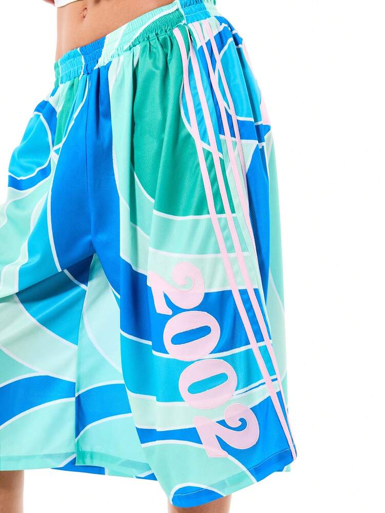SUMWON WOMEN Y2K Printed Basketball Shorts Wide Leg Graphic Summer Casual Sports Inspired Streetwear High Waist Beach Vacation Ocean Wave Pattern Flowing Statement Shorts