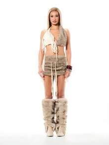 SUMWON WOMEN 麻花针织仿毛皮饰边露背流苏细节露脐无袖波西米亚风上衣 - 彩色 - 查看 5