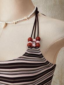 SHEIN ICON 大码 Y2K 休闲条纹串珠装饰针织露背上衣 - 彩色 - 查看 9