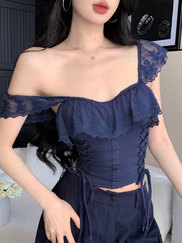 Spring/Summer Blue Hollow Lace Patchwork Crop Top, Elegant For Valentine's Day, Wedding, Party, Fashion Event, Fitted With Ruffle Trim And Tie Details, Short Sleeve Women Blouse