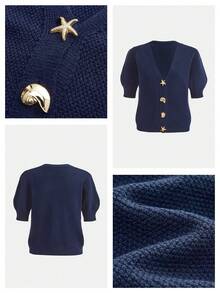Maija Women's Metal Starfish Button Short Sleeve Casual Thin Cardigan - Navy Blue - View 1
