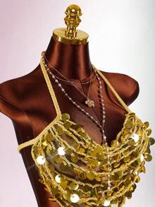 Amplova Women's Halter Backless Sequin Tassel Crop Top And Sequin Embroidered Gold Mini Skirt Set - Gold - View 5