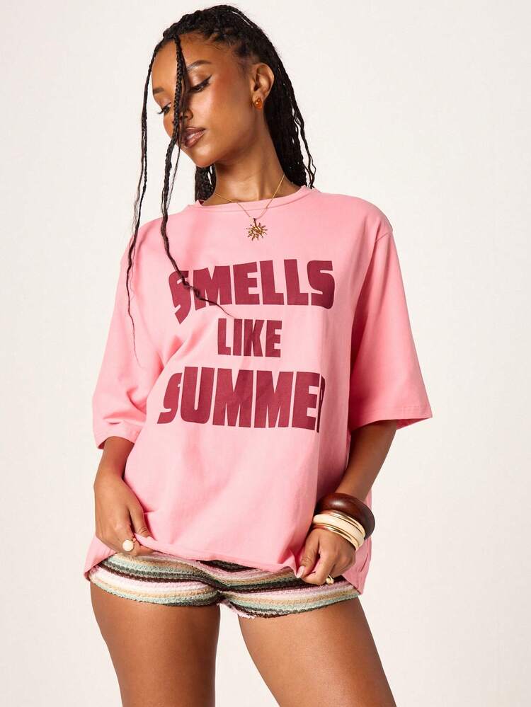 MISSGUIDED Smells Like Summer Statement Oversized Pink Short Sleeve Crew Neck Cotton T-Shirt Casual Summer Vacation Beach Leisure Tee