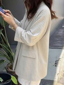 FRIFUL Women's Casual Commuting Striped Loose Blazer - Apricot - View 3