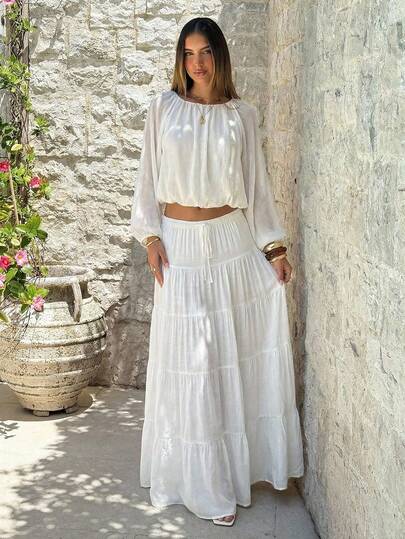 Aloruh Apricot Romantic Date Puff Sleeve Split Hem Fitted Women Shirt