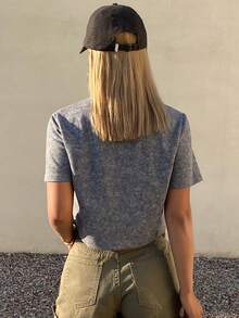 Strévra Women's Round Neck Striped Cropped Loose Short Sleeve Tie-Dye T-Shirt - Grey - View 6