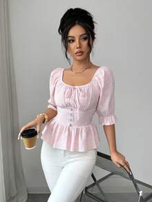SHEIN Clasi Women's Elegant Refined Fashionable Square Collar Puff Sleeve Cinched Waist Casual/Work Chic Minimalist Pink Short Sleeve Blouse - Pink - View 6