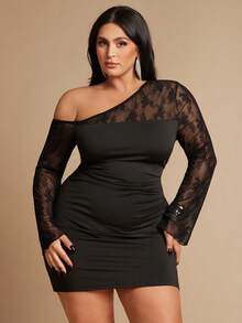 SHEIN BAE Plus Size Lace Patchwork Short Dress With Long Sleeves,Black,Autumn,Elegant,Formal,Evening,Night Out Club,Wedding Guest,Prom,Party,Graduation - Black - View 7