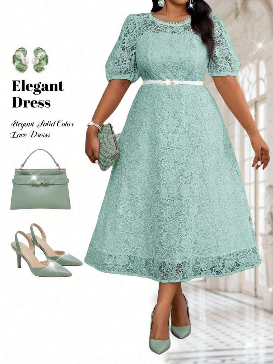 Fleurora 春夏优雅通勤办公派对情人节鸡尾酒会音乐会/音乐节白色针织蕾丝圆领喇叭泡泡袖荷叶边中长短袖大码连衣裙 - 薄荷藍 - 查看 1