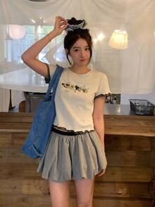 DAZY 女士圆领卡通印花蝴蝶结荷叶边短袖T恤，夏季 - 灰色 - 查看 7