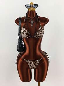 Amplova Conjunto de bikini reversible con estampado de leopardo para mujer, sexy y elegante, adecuado para vacaciones, traje de baño negro sólido básico de doble uso - Multicolor - Ver 13