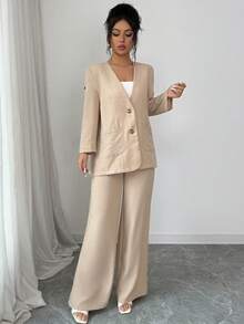 Modelyn Bộ đồ nữ 2 món: Áo cổ chữ V tay xắn và quần ống rộng túi xéo. - Màu Khaki - Xem 3