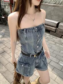 DAZY Women's Washed Denim Jumpsuit, Casual Street Music Festival Tube Top Overalls - Medium Wash - View 2