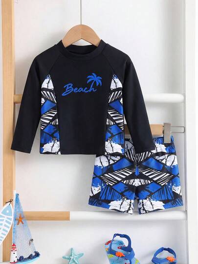 SHEIN 2pcs/Set Baby Boy/Girl Casual Funny Cute Fashion Palm Tree Pattern Splice Contrast Color Long Sleeve Rash Guard Swimsuit Set, Suitable For Outdoor, Vacation, Swimming, Surfing, Beach, Spring/Summer