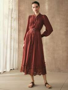 Arave 女士编织圆领长袖折扣设计蕾丝下摆拼接休闲约会派对收腰红色连衣裙 - 紅色 - 查看 5