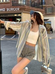 DAZY Áo thun nữ tay dài cổ bẻ cài một hàng khuy, kiểu dáng thường ngày, đa năng. - Màu xanh lam - Xem 2