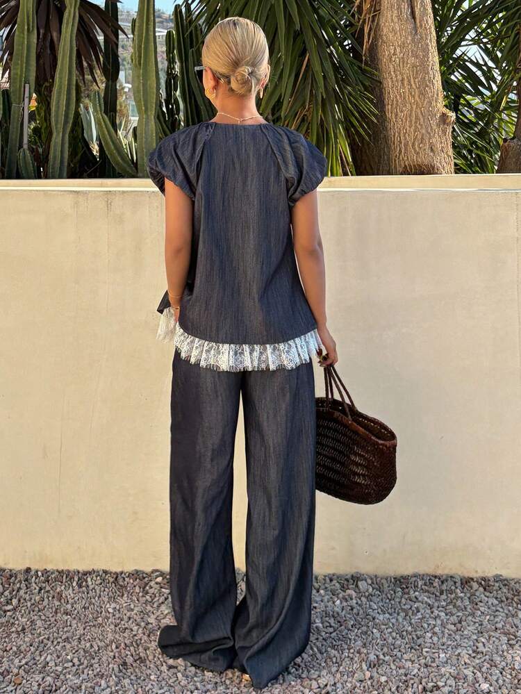 Women's V-Neck Contrast Lace Pleated Top And Wide Leg Pants 2-Piece Set, Casual Vacation Style, Spring/Summer/Autumn