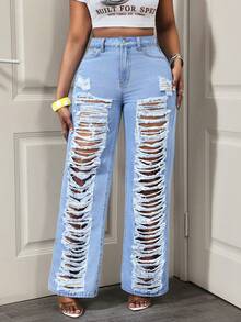 BamGleam Cowgirl Spring Women's Blue Non-Stretch Distressed Sexy Straight Leg Jeans - Light Wash - View 1