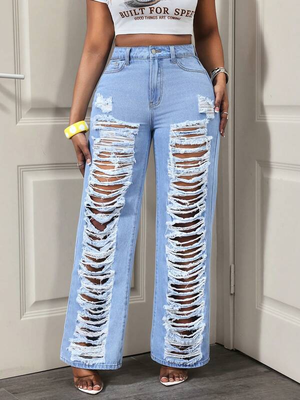 BamGleam Cowgirl Spring Women's Blue Non-Stretch Distressed Sexy Straight Leg Jeans