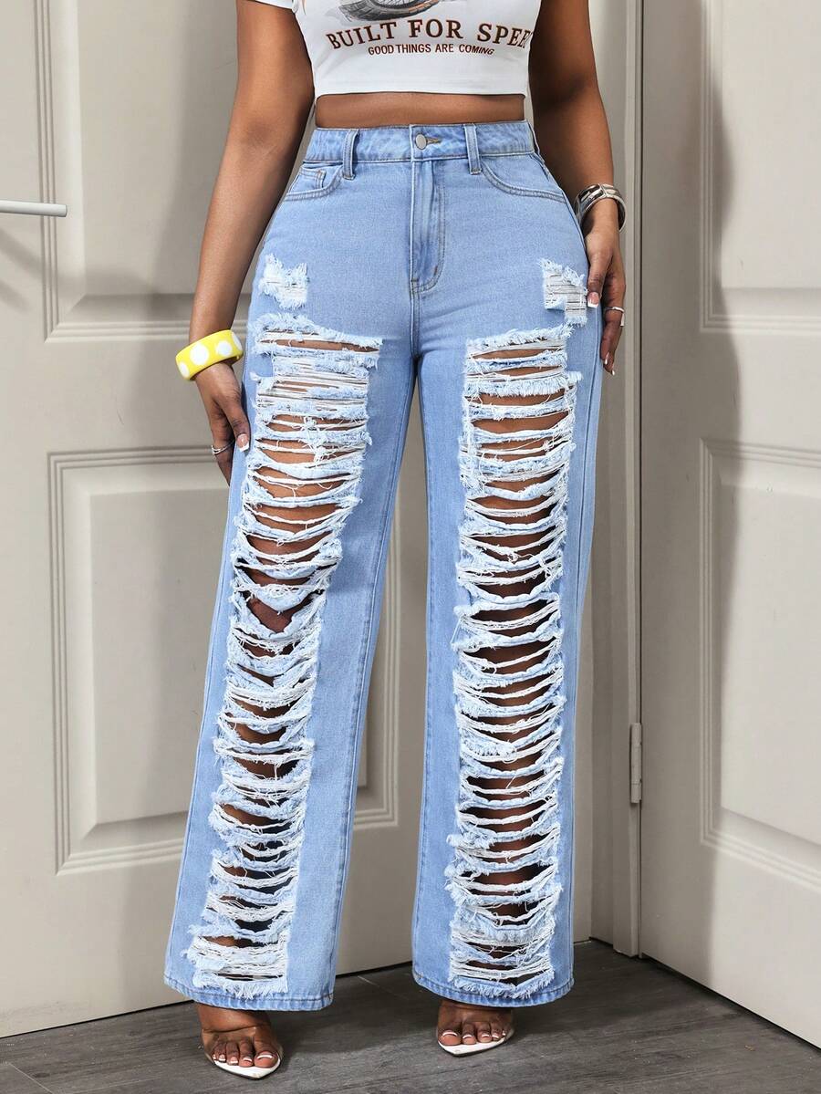 BamGleam Cowgirl Spring Women's Blue Non-Stretch Distressed Sexy Straight Leg Jeans - Light Wash - View 1