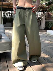 DAZY Women's Low-Waist Pleated Design Casual Barrel Leg Pants, Urban Streetwear - Army Green - View 5