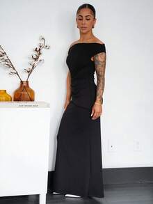 SAYEHFBABY 女士优雅褶饰露肩金属装饰修身派对连衣裙 - 黑色 - 查看 4