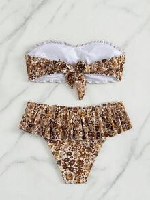 Swim Mod Women's Allover Print Bandeau Bikini Set, Low Waist Ruffle Skorts, Casual Vacation Swimwear - Brown - View 6