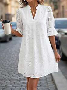 Editum Vestido casual suelto de mujer con cuello con muesca, manga media, dobladillo con volantes y bordado de ojal, elegante para uso diario, vacaciones, viajes, primavera/verano 100% algodón, blanco puro, bordado tejido, corte suelto, mangas cortas, elegante estilo callejero de todos los días, elegante estilo de ropa de trabajo, atuendo de oficina, vestido de primavera y verano de vacaciones de mujer, vestido blanco con manga, vestido blanco de ojal, vestido blanco casual, vestido blanco bohemio, vestido blanco de algodón - Blanco - Ver 14