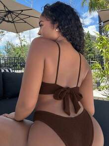 Alexandranx Women's Solid Color Front Tie Sexy Bikini Swimsuit Set, Summer Beach - Brown - View 2