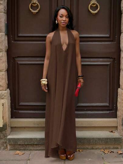 Yess Loren 2025 春夏新品、音乐节、复活节、圣帕特里克节、西部风、游牧风、生日派对、毕业典礼、学院风、学生风、日常休闲、基础款、休闲装、度假装、邮轮旅行、海滩装、日光浴装、时尚装、街头装、婚礼嘉宾装、波西米亚风、通勤装、早午餐装、机场装、白色纹理吊带系带深V领长裙、露背长裙