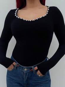 Bearsaez Women's Faux Pearl Sweetheart Neck Bodysuit, Long Sleeve - Black - View 5
