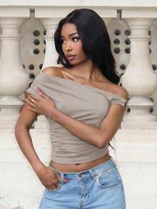 Mima John Women's Solid Color Ruched Asymmetrical Asymmetrical Neck Summer Top - Grey - View 6