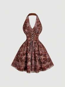 SHEIN MOD Đầm ngắn hở lưng buộc dây cổ yếm in họa tiết thời trang nữ - Nhiều màu - Xem 4