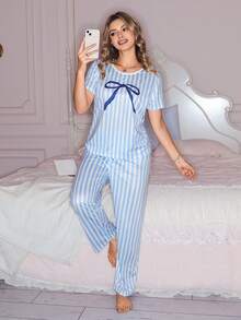 SHEIN Pink Striped Bow Print Short Sleeve & Pants Women Pajama Set Babydoll Pajama Set Sleep Wear Women 2 Piece Set Bow Pajama Set Sleepwear Sets Light Blue Pj Set - Multicolor - View 5